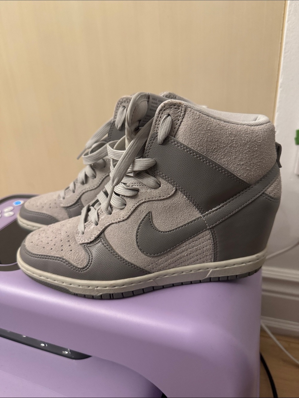 Nike Dunk Sky Hi Women's Light Gray Suede and Dark Gray Wedge Sneakers